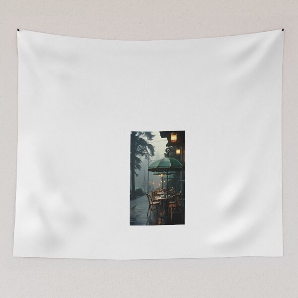 Item preview, a table and chairs under an umbrella on a rainy day designed and sold by Dark Fantasy Store.
