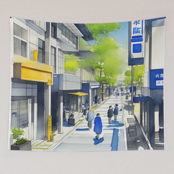 Item preview, Japanese Asian street from 19th century blue watercolor painting kimono  designed and sold by Meena-tta.