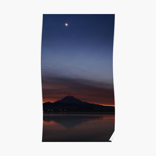Mountain dancing with crescent moon and Jupiter Poster