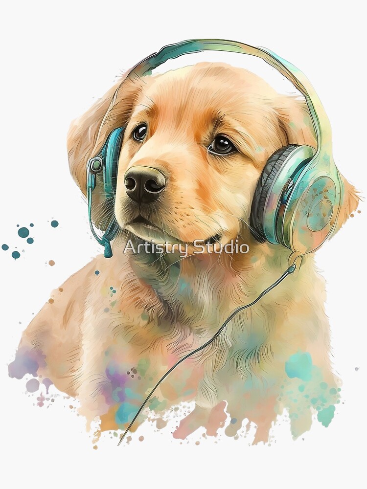 Cute watercolor golden retriever puppy listening to music, funny