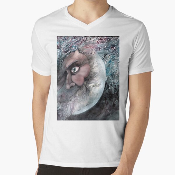 Moon in Man by Davol White V-Neck T-Shirt