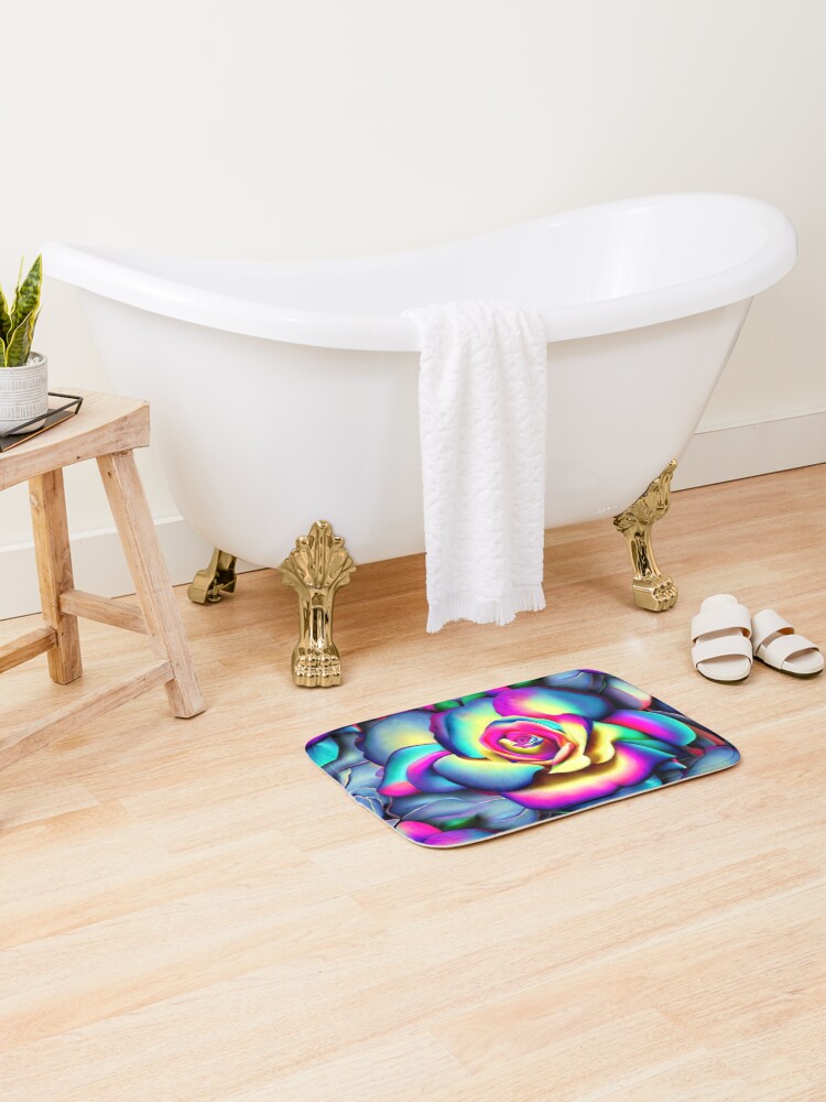 Thumbnail 2 of 6, Bath Mat, Vibrant 3D Roses - Rainbow Color Seamless Pattern designed and sold by ImgntnMonster.