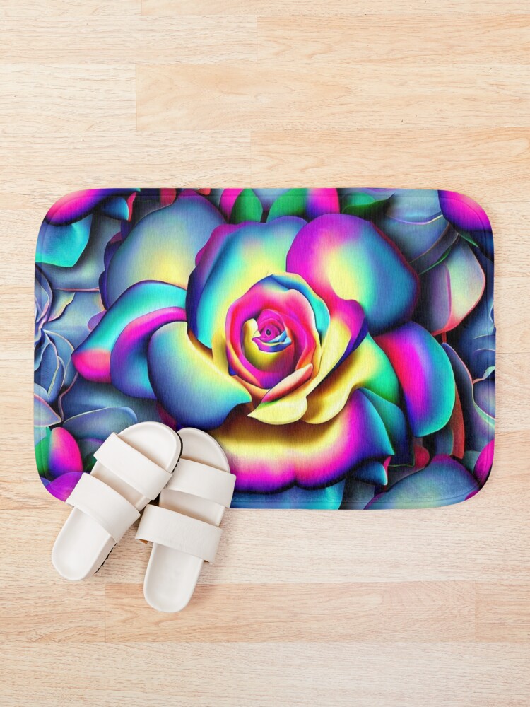 Thumbnail 1 of 6, Bath Mat, Vibrant 3D Roses - Rainbow Color Seamless Pattern designed and sold by ImgntnMonster.