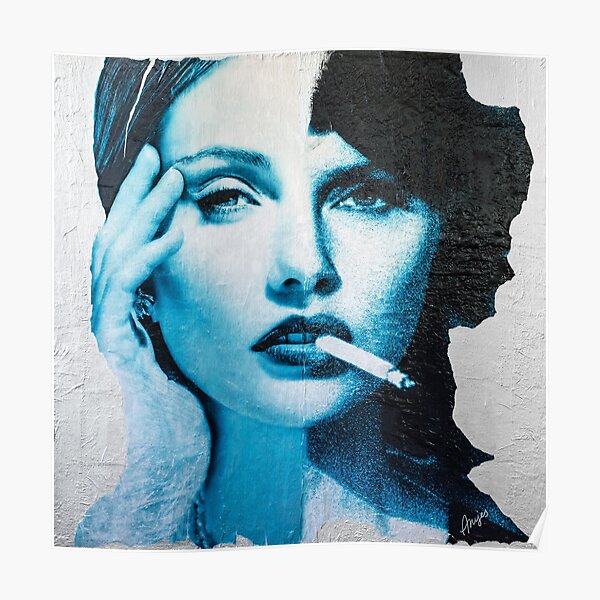 Woman Smoking a Cigarette (Blue) Poster