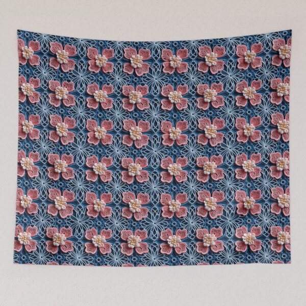 Item preview, Pink flowers blue background embroidery type design pattern  designed and sold by Trendy-Artistry.