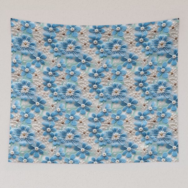 Artikelvorschau, Hellblaue Blumen, weißer Hintergrund, Wollfaden-Designmuster entworfen und verkauft von Trendy-Artistry.