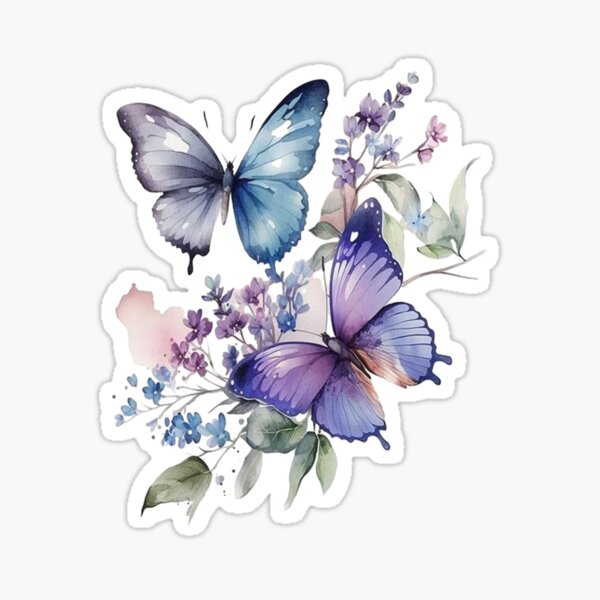 Sticker Mural Fleur Fleurs aquarelles bleues avec des papillons -  TenStickers