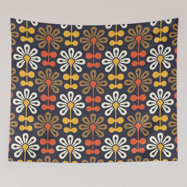 Item preview, KF 0115 A - Vintage Retro 70s Modern Daisy Geometric Floral Pattern In Red Yellow and Brown designed and sold by KhakiFinch.