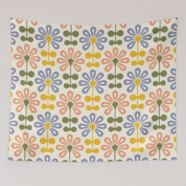 Item preview, Copy of KF 0115 A - Vintage Retro 70s Modern Daisy Geometric Floral Pattern In Coral Yellow Blue and Green designed and sold by KhakiFinch.