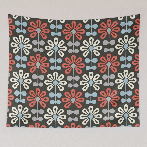 Item preview, KF 0115 C - Vintage Retro 70s Modern Daisy Geometric Floral Pattern In Red and Blue designed and sold by KhakiFinch.