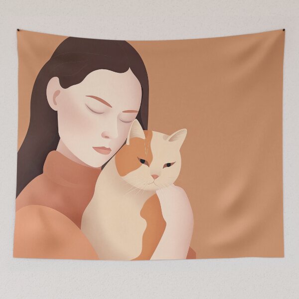 Artikelvorschau, Eine Katzenmutter mit braunem Haar, die mit geschlossenen Augen eine Katze im Arm hält entworfen und verkauft von MeowcuryRising.
