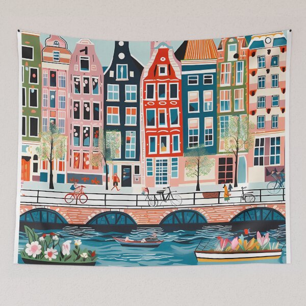 Item preview, Amsterdam Canal Poster - Colorful Houses and Buildings Illustration designed and sold by 2101Designs.