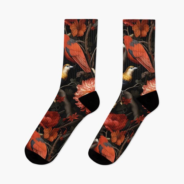 Item preview, Red Chrysanthemum Roses and Birds Dark Floral Pattern designed and sold by 20th-eclipse.