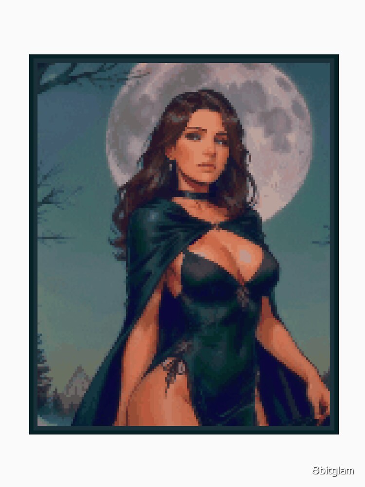 Thumbnail 7 of 7, Classic T-Shirt, Fantasy Full Moon Night Green Dress Brunette Girl designed and sold by 8bitglam.