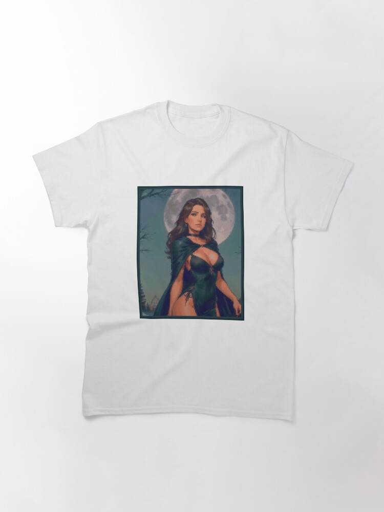 Thumbnail 3 of 7, Classic T-Shirt, Fantasy Full Moon Night Green Dress Brunette Girl designed and sold by 8bitglam.