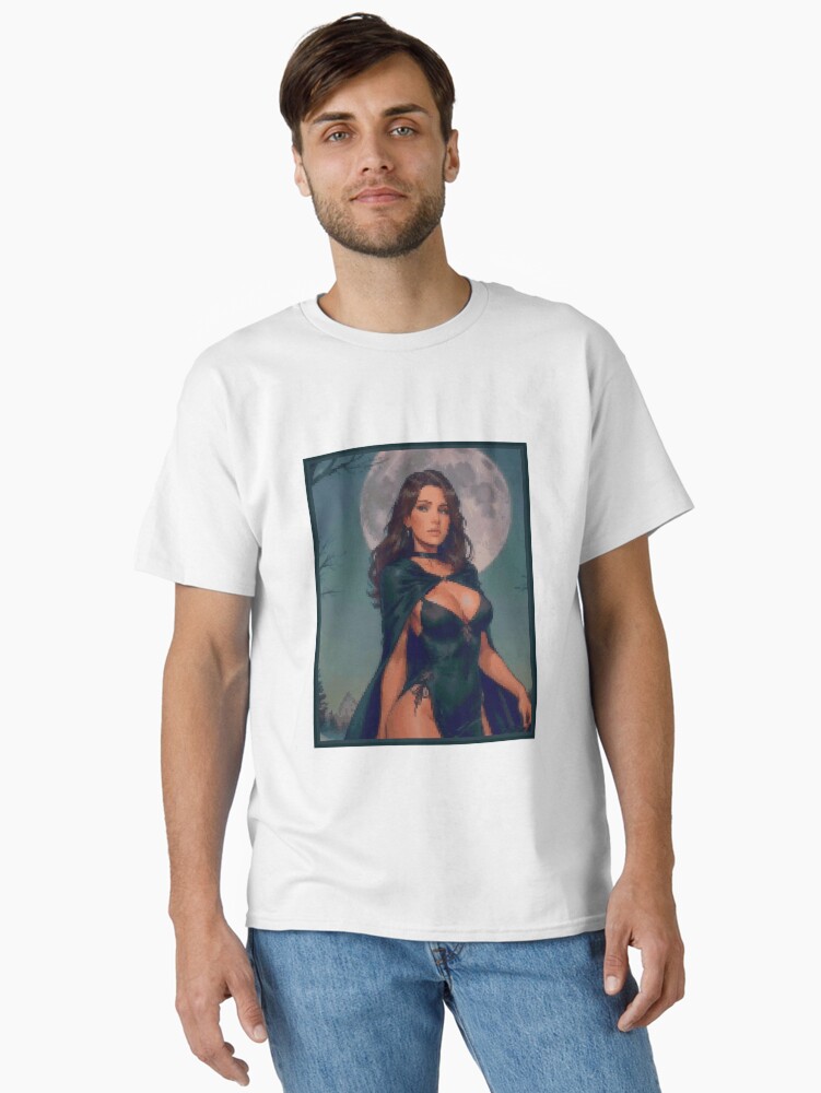 Thumbnail 1 of 7, Classic T-Shirt, Fantasy Full Moon Night Green Dress Brunette Girl designed and sold by 8bitglam.