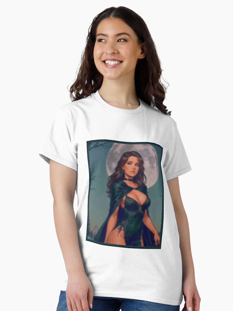 Thumbnail 2 of 7, Classic T-Shirt, Fantasy Full Moon Night Green Dress Brunette Girl designed and sold by 8bitglam.