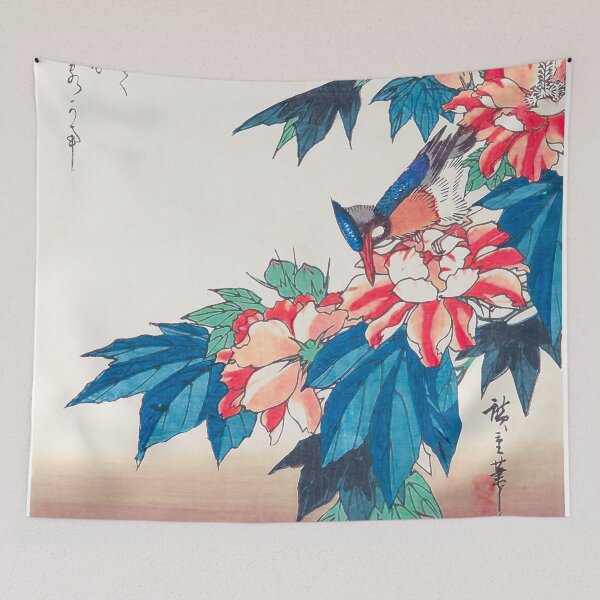 Item preview, Swallows and Kingfisher with Rose Mallows - Vintage Japanese Artwork designed and sold by HistorySimple.