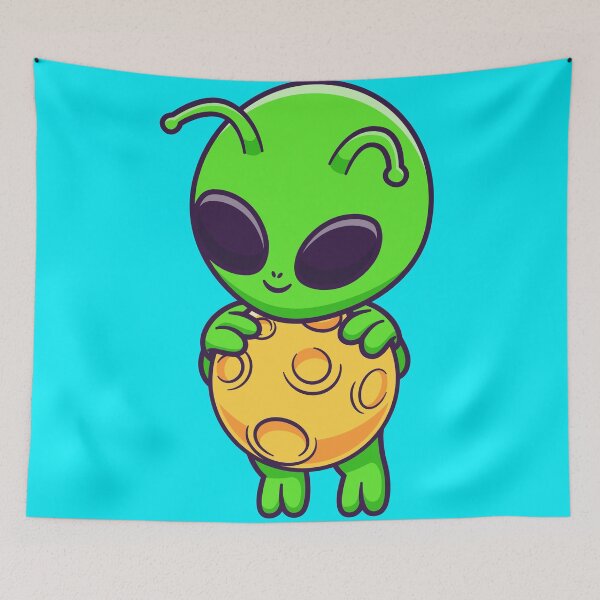 Item preview, Title: "Out-of-This-World Journey: Cute Alien Flying with Moon Cartoon Icon" designed and sold by hjian8219.