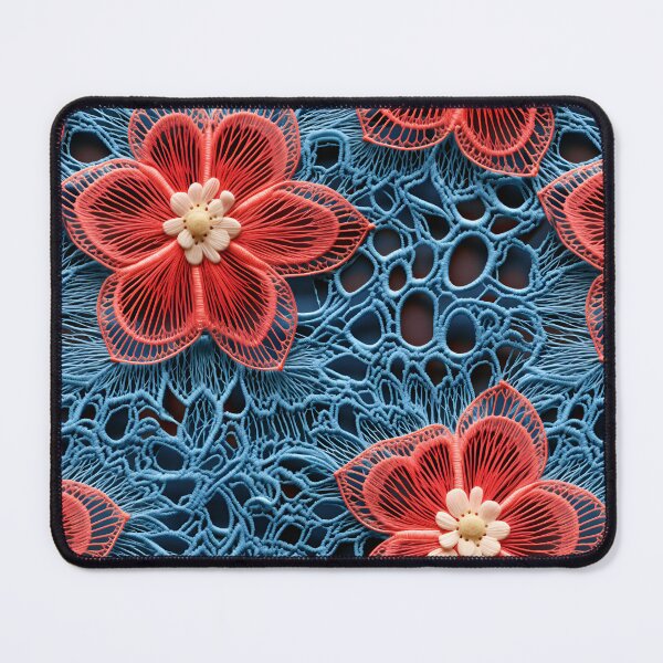 Artikelvorschau, Rote Blumen, blauer Hintergrund, Stickerei-Designmuster entworfen und verkauft von Trendy-Artistry.