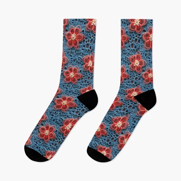 Item preview, Red flowers blue background embroidery type design pattern  designed and sold by Trendy-Artistry.