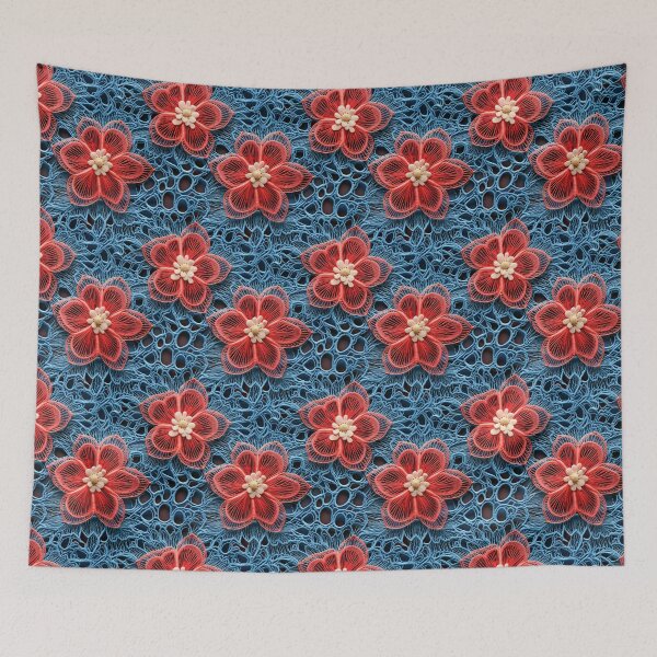 Item preview, Red flowers blue background embroidery type design pattern  designed and sold by Trendy-Artistry.