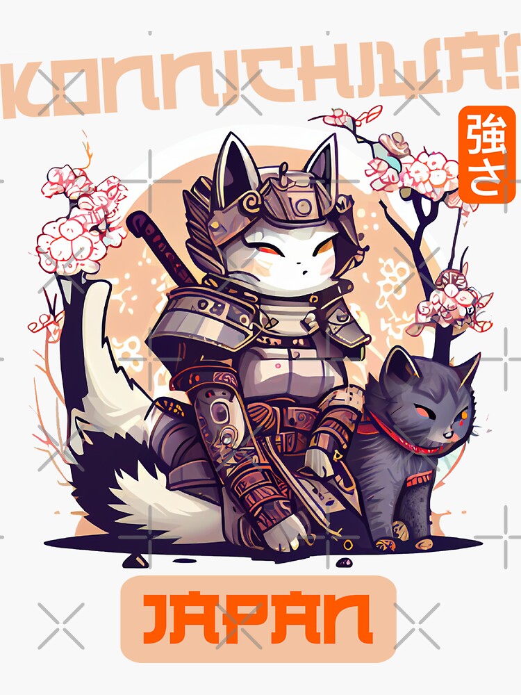 Kawaii samurai cat and brown yellow orange 2 cats | Sticker