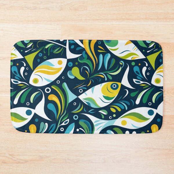 Item preview, Colorful fantasy pattern blue green yellow turquoise white fish water waves designed and sold by G-M-Designs.