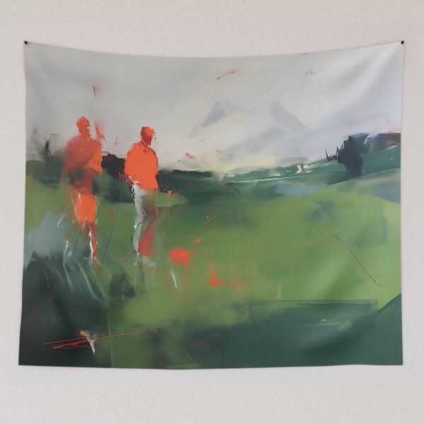 Item preview, A Stroll Across the Field: Two Orange Figures Walking in a Green Landscape designed and sold by vadimcarazan.