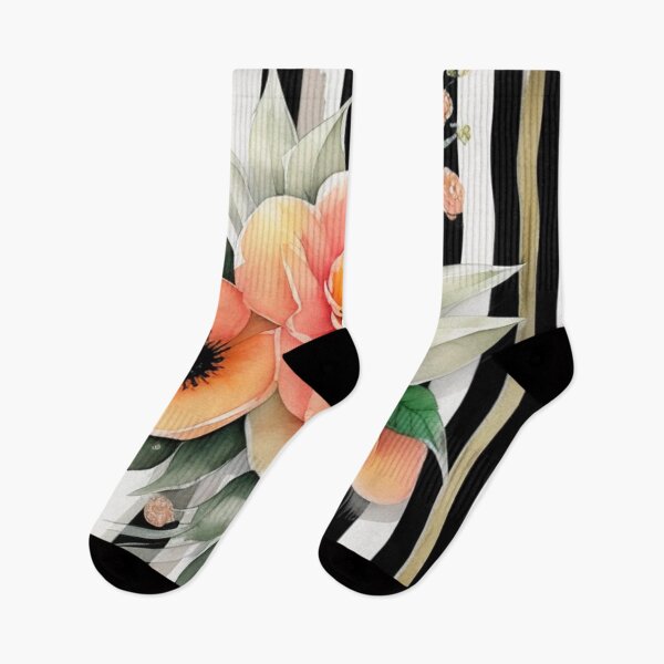 Item preview, Peach flowers on black and white stripes  designed and sold by Roxburylane.