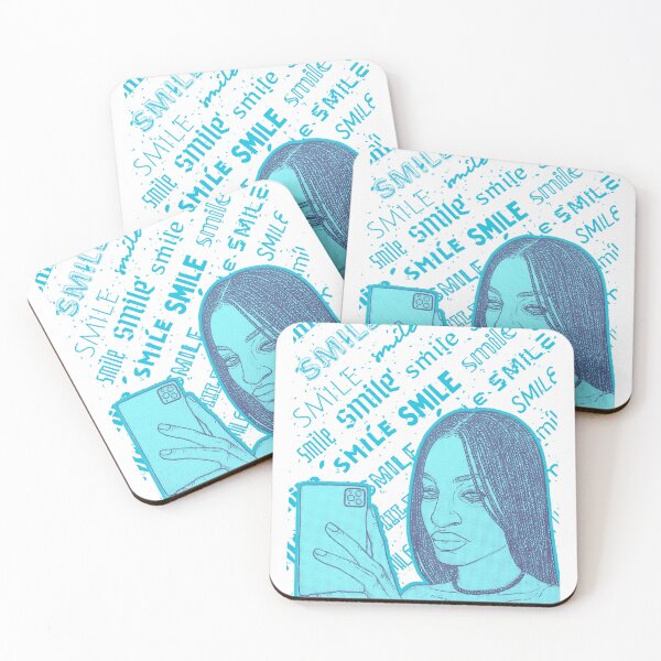 Item preview, Girl Holding Phone Taking Selfie Turquoise Design with Smile Background designed and sold by siderealeyes.