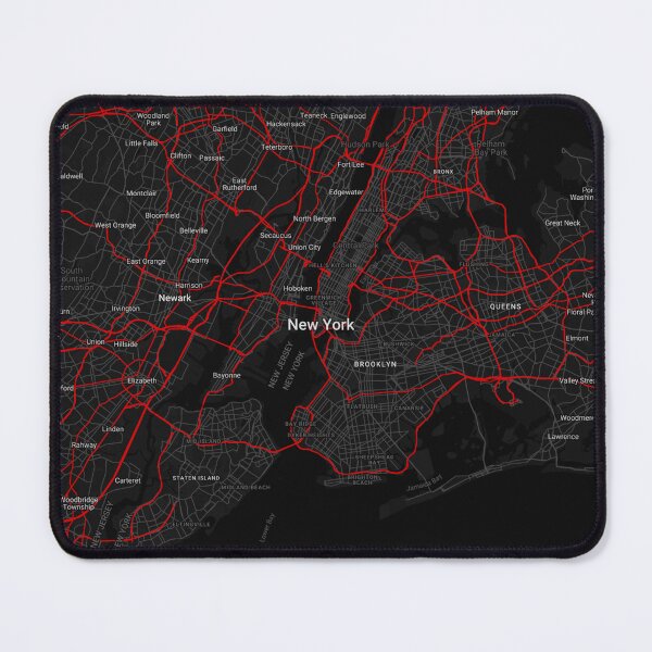 Artikelvorschau, NewYorker fängt die Essenz von New York ein: Stilvolles Kartenbild in Rot auf schwarzem Hintergrund, perfektes Geschenk für Einwohner von New York entworfen und verkauft von ButonDesign.