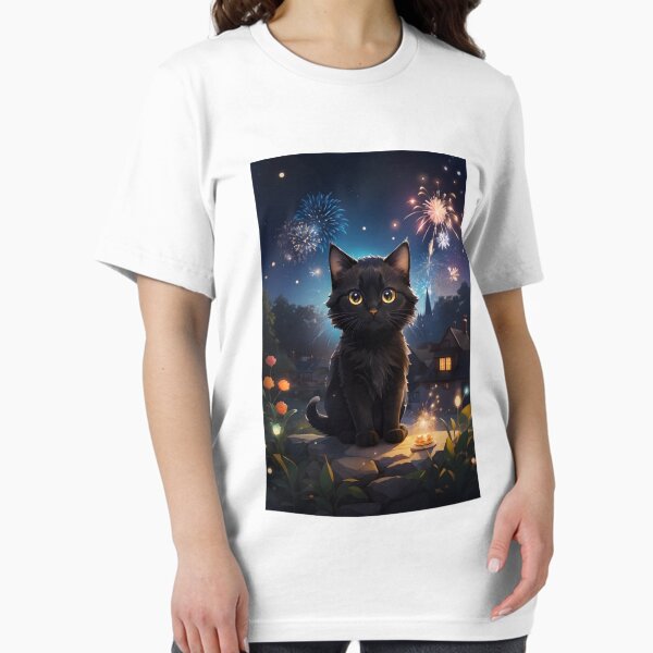 Item preview, Cute Black Cat with Fireworks designed and sold by allinyko.