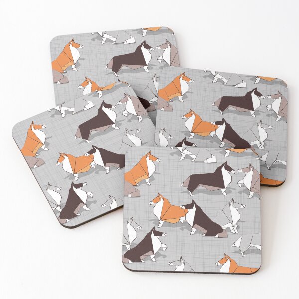 Item preview, Origami Collie doggie friends // grey linen texture background white orange brown paper and cardboard dogs designed and sold by SelmaCardoso.