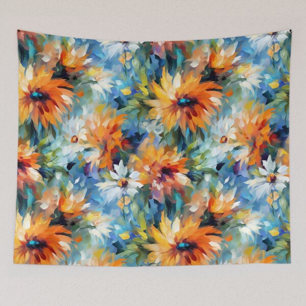 Aperçu de l'œuvre Fleurs Impressionnistes Orange Bleu créée et vendue par junkydotcom.