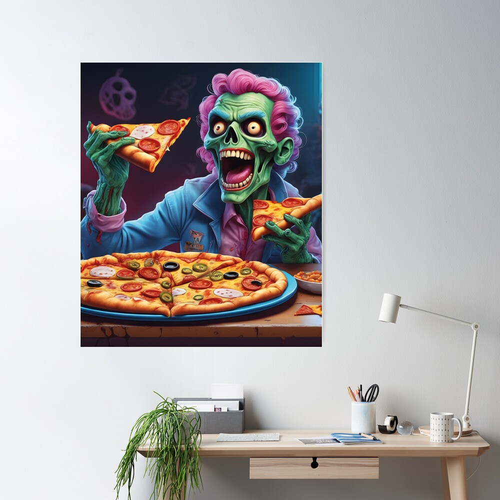 Zombie eats pizza, Halloween Poster by Mauswohn