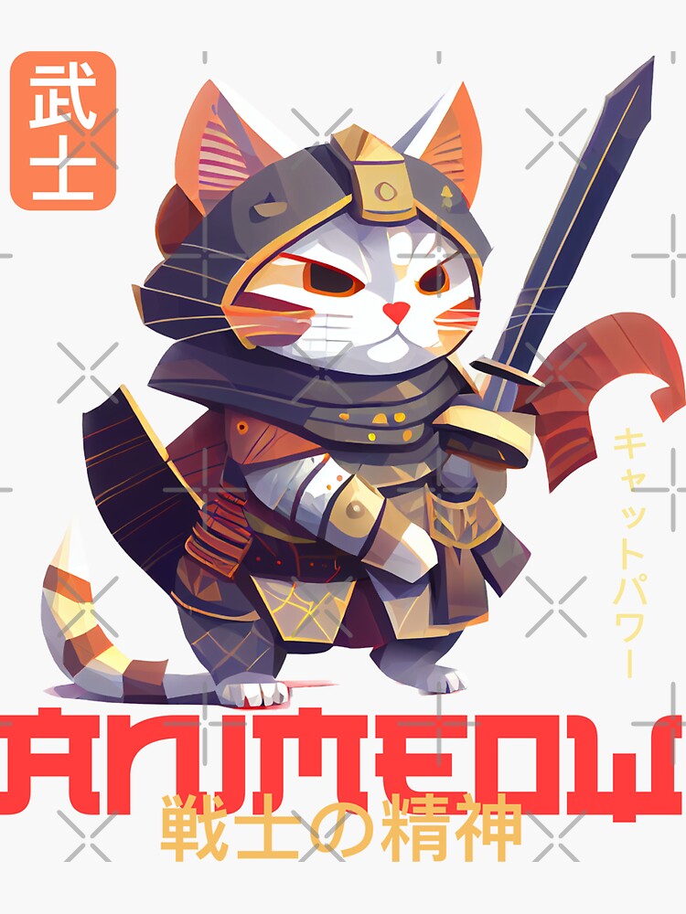 Animeow Samurai Cat Japanese Writing with Sword | Sticker