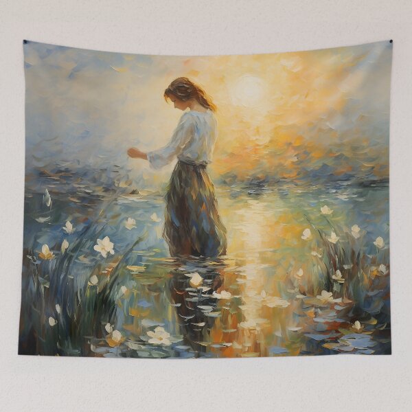 Item preview, Impressionist Woman standing in a Pond with Flowers designed and sold by dcrc.