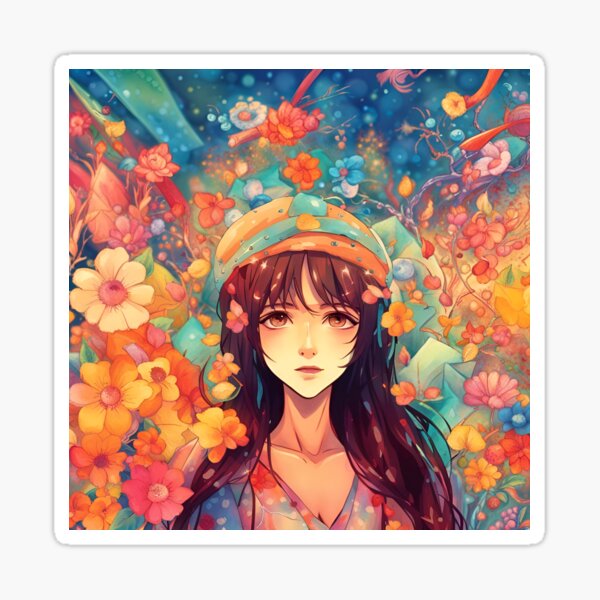 Anime Girl in Field of Flowers Sticker
