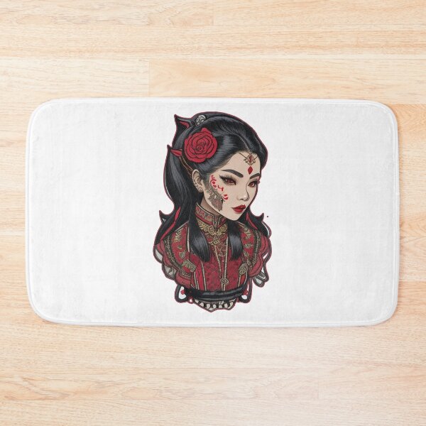 Item preview, Traditional Digital Embroidery Of Vampire Asian Woman in Black and Red Aztec, Asian and Victorian Gothic Dress  designed and sold by Kai Multiverse.