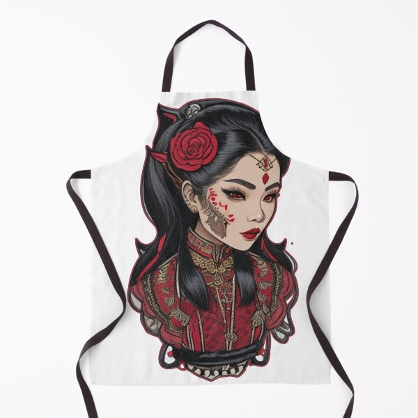 Item preview, Traditional Digital Embroidery Of Vampire Asian Woman in Black and Red Aztec, Asian and Victorian Gothic Dress  designed and sold by Kai Multiverse.