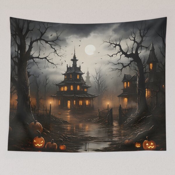 Item preview, Halloween Street With Haunted House designed and sold by ConfettiSkyArt.