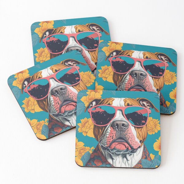 Item preview, Tropical Vibes: Pitbull in Shades & Hawaiian Shirt on Floral Splash designed and sold by LivingItFunky.