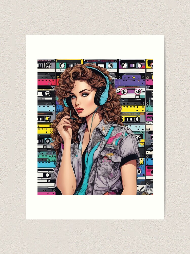 Wall Art Print, Retro Girl listening to music 80s