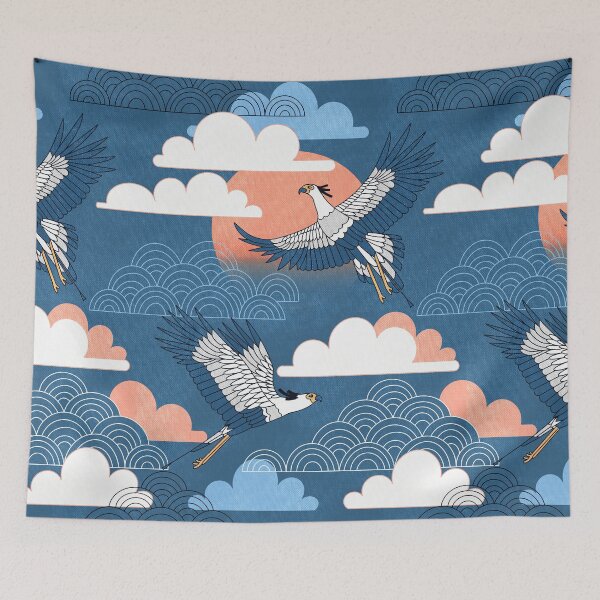 Item preview, Bold Oriental Style Secretary Birds - Peach and Navy designed and sold by TigaTiga.