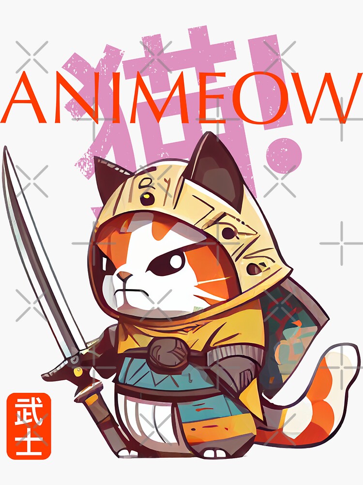 "Animeow Samurai Cat Japanese Writing red symbol orange and white cat