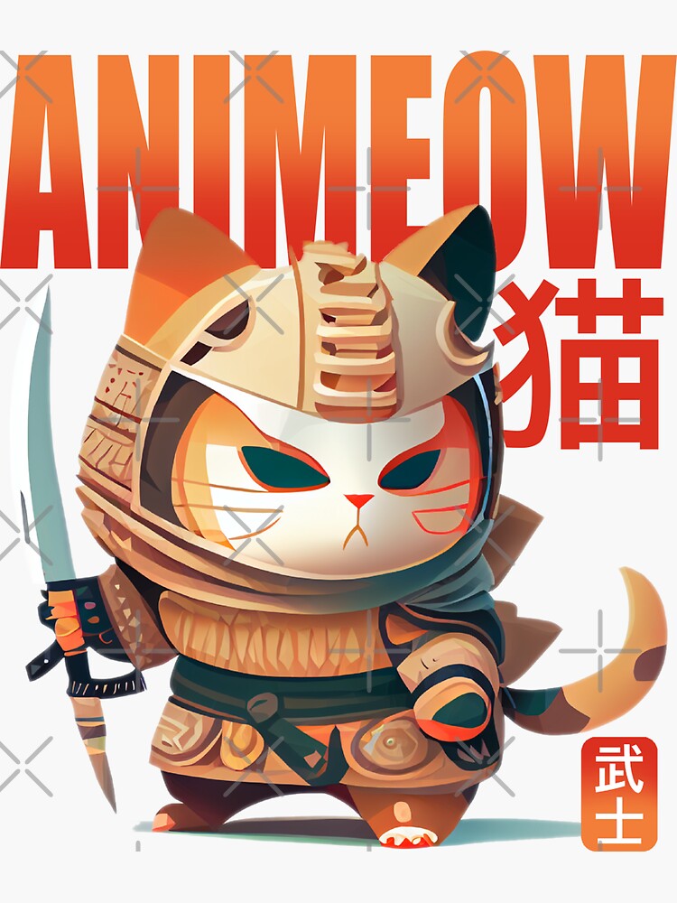 "Animeow Samurai Cat Japanese Writing red symbol ginger and red ready