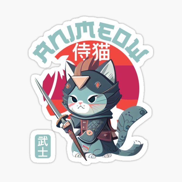 "Animeow Samurai Cat Japanese Writing mounting on hunt " Sticker for