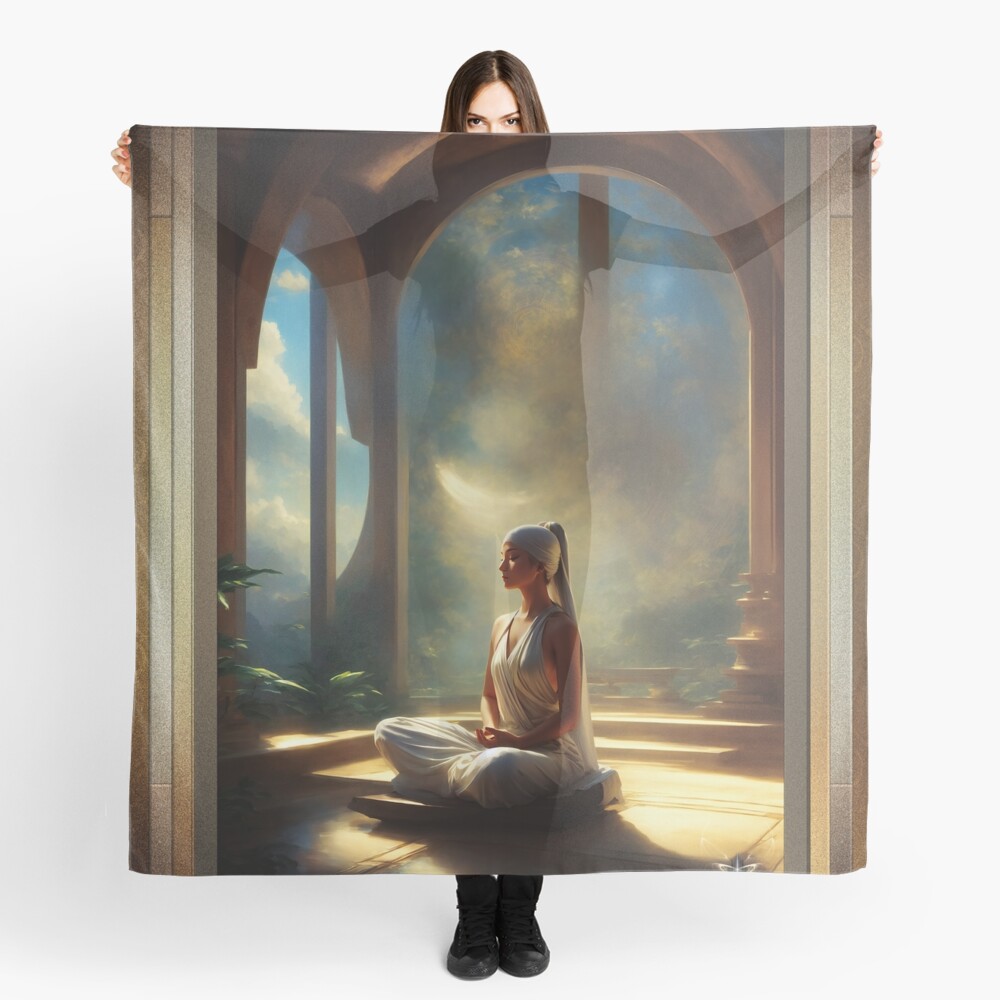 She Who Dwells In The Temple Of Calm AI Concept Art by Xzendor7 - Harmonious Tranquility 4 She Who Dwells In The Temple Of Calm Captivating AI Concept Consciouness Art Portrait by Xzendor7 Decorative Ladies Scarf