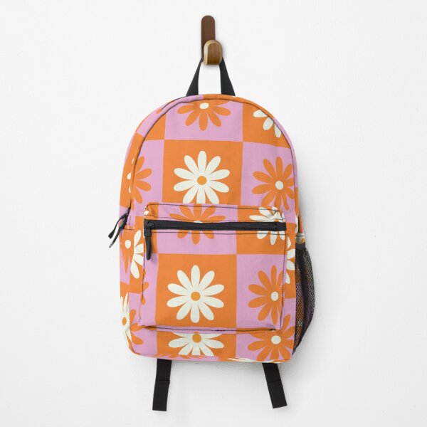 Vista previa del artículo con la obra «Patrón floral de margaritas retro blanco y naranja a cuadros», diseñado y vendido por Yasminepatterns .